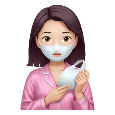 angelic asian girl doing skin care in pink pajamas, holding a face mask sticker
