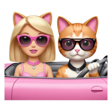 Barbie and Ken as cats sitting in a pink convertible car sticker