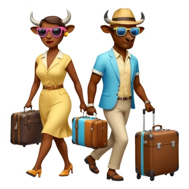 generate an emoji of a group of up to 8 male and female bulls travelling together on holidays. One bull has a suitcase, one has sunglasses, one is carrying a cocktail. They're all in motion, walking together. Make the characters look like bulls. They wear summer clothes. Suitcases are colourful sticker