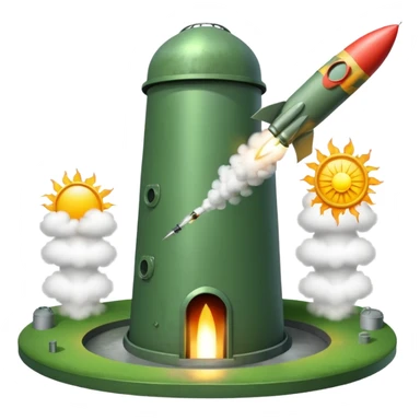 green landscape with sun in top of the background, there is a missile silo hatch open, and the top two thirds of a nuclear missile launching out of the silo is shown sticker