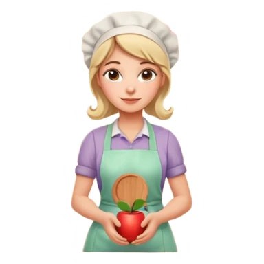 cartoon Apple iOS emoji style woman, pastel colors, Chilean wooden kitchen background, clay pots, warm light, detailed and clean vector art sticker