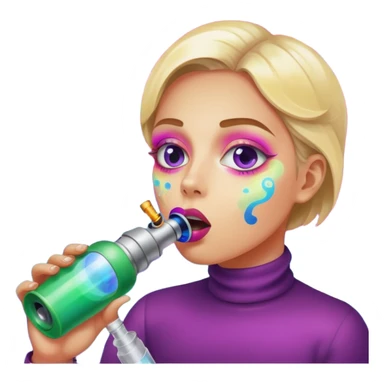 Emoji-style face inhaling from Galaxy Gas nitrous oxide canister, mouth on nozzle, kaleidoscope psychedelic eyes, colorful vapor swirling sticker