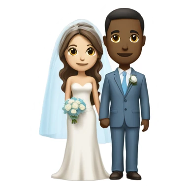 grown bride have short brown, she is wearing a long veil and is holding a white rose bouquet. The grown groom have also brown hair and is wearing a cream suit with a sky blue tie and breast pocket with a boutonniere sticker