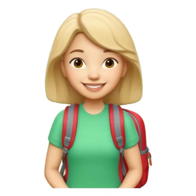 A 3D cartoon woman with a backpack smiling outdoors, surrounded by greenery, Memoji-style realism. sticker