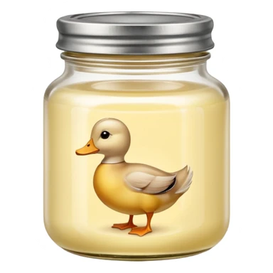 small squat glass jar of pale yellow duck fat with a metal lid, creamy layer visible, no label or extras, soft lighting, subtle shadows, emoji scale sticker