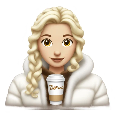 blonde girl wearing white fluffy jacket and a coffee to go in hand all dress white and a white bow on hair sticker