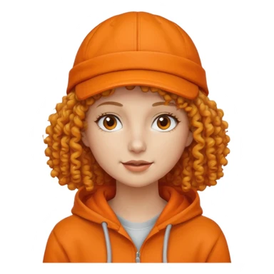 curly haired woman with orange cap and hoodie sticker