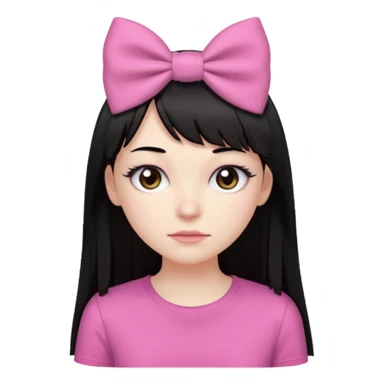 девушка с бледной кожей у неё длиные прямые черные волосы и челка прямая ниже бровей глаза коричневого цвета худая у неё длиные ресницы одета в розовую футболку и на влосах слева бантих sticker