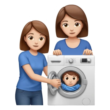 Mother and little son with brown hair putting clothes in the washing machine sticker