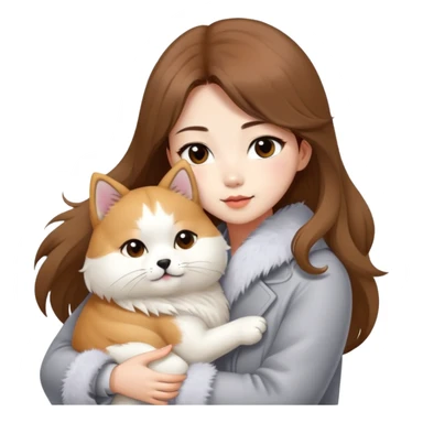A Chinese fashion girl with brown hair, wearing a light gray fur coat, hugging a Shiba Inu and a long-haired white Persian cat. sticker