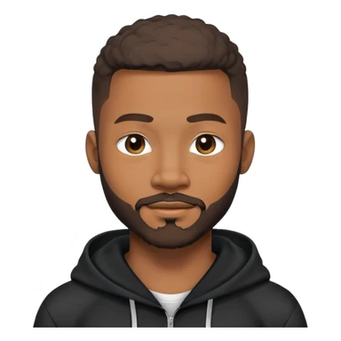 African yound man in his late 20s with a wink and  full short boxed beard and moutache , crew cut hair style, black hoody sticker