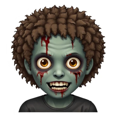 zombie with brown skin, short messy afro hair, wide centered brown eyes, dark bloody marks under the eyes, and a smile showing shiny metal teeth,black shirt, giving a distressed, undead look. sticker