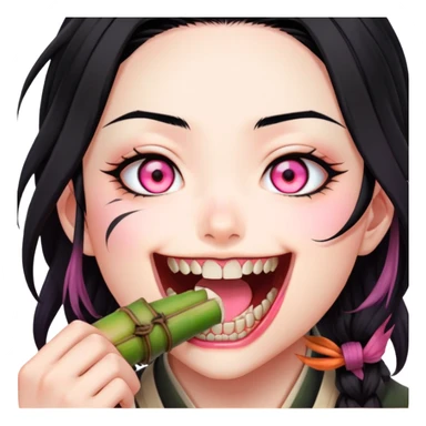Nezuko from Demon Slayer biting down on bamboo muzzle with teeth visible, pink eyes and black hair with orange tips sticker