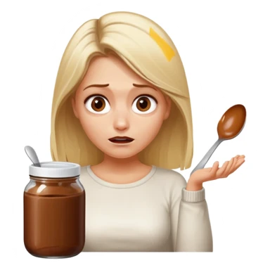 Nutella with a spoon. The glas of Nutella is almost empty . Only the one carriage of Nutella. Next to the Nutella is the head of a blond woman who is desperate to eat the Nutella  sticker