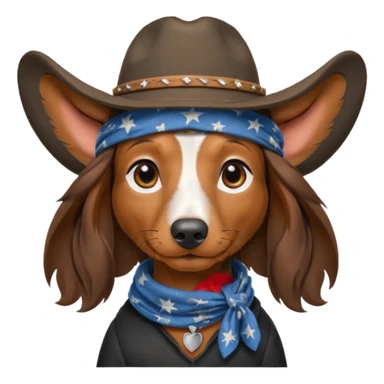 mostly black with some brown long hair daschund with a cowboy hat, ears curl out a bit and bandana sticker