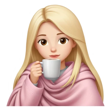 Long blonde straight hair girl drinking coffee, small brown almond eyes, with a soft pink cozy blanket sticker