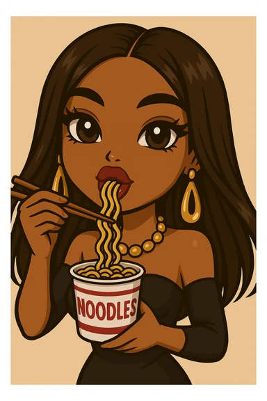 Remove any winking, keep both eyes open, eating a cup of noodles with chopsticks, headshot only, 20-year-old anime Bratz style woman with dark skin, straight hair, trendy outfit, big expressive eyes, glossy lips, no hat, no tears, happy expression, looking straight ahead. Maintain the anime Bratz style and the described features. sticker