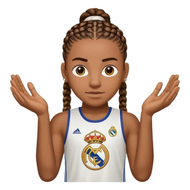 Make raphinha strong with cornrows and buff holding a the real madrid logo in between hid hands sticker