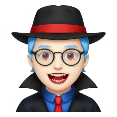 
vampire with blue hat,black coat with read collared ,teeth looks like vampire, with glasses sticker