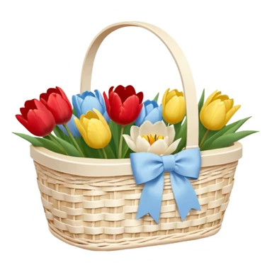 A white Picnic basket with pastel blue bow, white peonie, tulips sticker