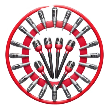 Create a vibrant and dynamic emoji that represents choral vocal performance. The design should feature 10 vintage stage microphones arranged in a semi-circle on a concert stage, symbolizing a vocal group or choir. Add musical notes flowing around the microphones to represent harmony and unity in the performance. Include concert lighting and a celebratory atmosphere to convey the excitement of live music. Use bright, bold colors like red, gold, and silver to emphasize the energy and glamour of the stage. The background should be transparent. sticker