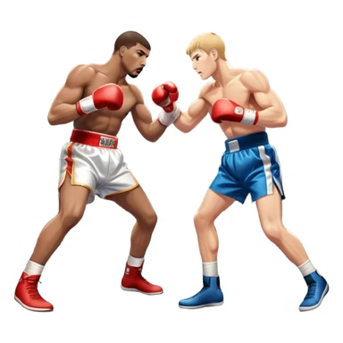 Two professional boxers in the ring, fighting for the world champion title. One delivers a long punch to the head, while the other skillfully dodges. The background features a crowded arena with bright lights and intense action. Transparent background sticker