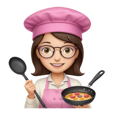 brunette girl with glasses and a pink kitchen hat cooking, holding a frying pan, emoji style sticker