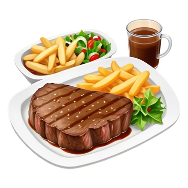 big juicy australian steak meal featuring chips, small salad in a ramiken and gravy  sticker