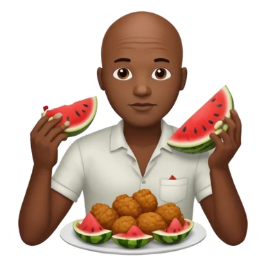black bald man eating watermelon with his left hand and fried chicken with his right hand sticker