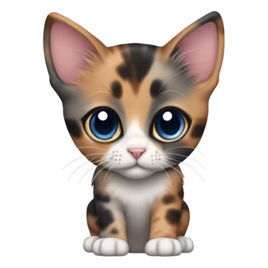 Cute, dusty rose, dark grey and white tortoiseshell kitten. Full view of cat. Deep blue eyes and pink nose sticker