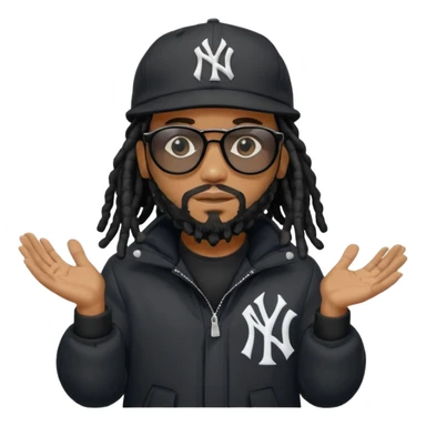 African American man with shoulder length black dreadlocks with black beard wearing black sunglasses wearing a black New York Yankees logo baseball cap wearing a black bubble winter coat with hands down sticker
