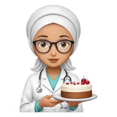 A hijabi girl wearing glasses, wearing doctor scrub, holding a plate with a cake sticker