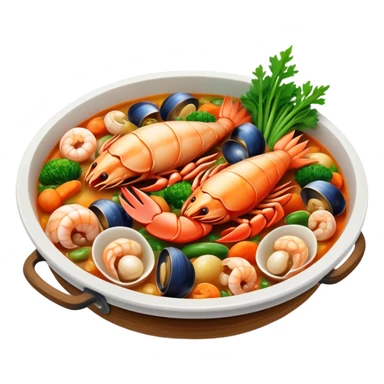 Cinematic Realistic Buzara Seafood Dish Emoji, depicted as a rustic, flavorful seafood stew with shellfish rendered with rich textures and dynamic, maritime lighting. sticker