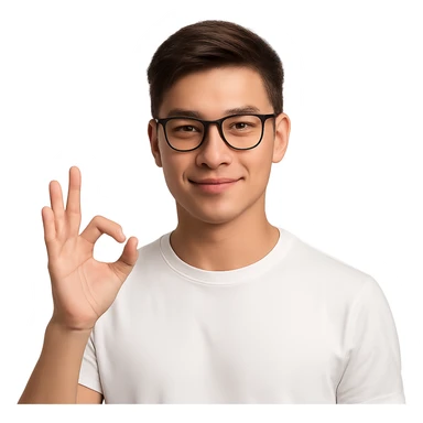 a young Asian man with cool brown short hair, wearing black framed glasses, a white top, making an OK gesture with his right hand, and smiling confidently sticker