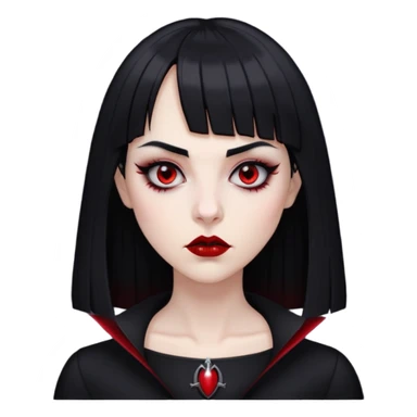 pale woman with black long straight black hair red sleepy eyes with black eyeliner black lipstick vampire teeth straight short bangs serious expression with thin black eyebrows nose piercing black clothe  sticker