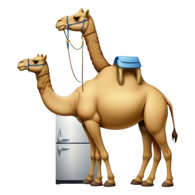 An appliance hybrid with a refrigerator body, a long-necked camel head emerging from the top, and four camel legs with hooves wearing yellow-brown Timberland boots sticker