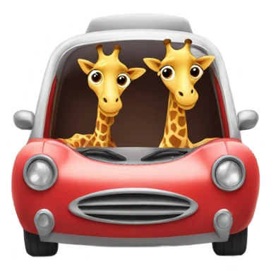 two cute giraffes driving in a red car sticker