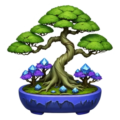 Cracked Futuristic wild glowing space alien moss maples shohin Bonsai hair-pine-leaf group multi faceted intricate crystalline-inspired boxwood purple blue informal rocky cliffhanger eight trees forest planting in shallow willow slab style pot with big animal-like feet  sticker