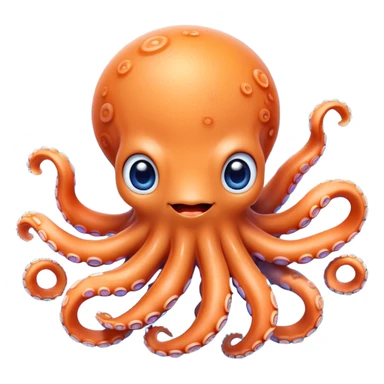 Cinematic Cute Octopus Portrait Emoji, Head tilted playfully and inquisitively, featuring a rounded, light orange body embellished with playful blue rings, eight adorably curling arms, and big, twinkling eyes full of wonder, Simplified yet irresistibly adorable features, highly detailed, glowing with a warm, inviting underwater glow, high shine, affectionate and lively, stylized with a touch of whimsical cartoon charm, soft glowing outline, capturing the essence of a mischievous yet loving octopus that seems as if it could bob out of the screen into your arms! sticker