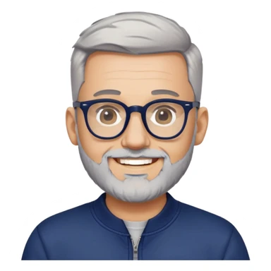 Man with light skin, high fade haircut (extremely short gradient from sides to top), short peppered gray beard, large black-framed glasses, smiling face, navy blue zip-front sweatshirt with long sleeves sticker