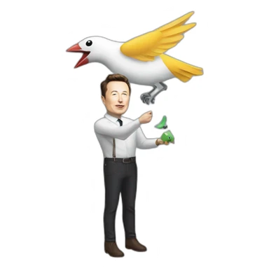 elon musk catching twitter bird with Rocket sticker