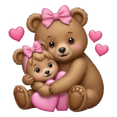 girl bear with bow on her head and boy bear hugging, couple, surrounded by hearts, playful and loving, cute sticker