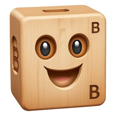 A wooden letter B block toy with adorable eyes and a happy expression sticker