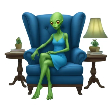 green alien reptilian woman in blue dress, sitting on a blue couch  sticker