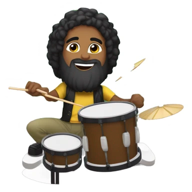Create a scene of a Brazilian drummer with tied hair and a beard, full of joy, playing drums in his live stream. The logo "GG Lukas Drummer" should be clearly visible in the background. sticker