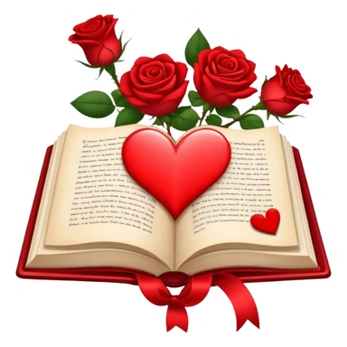 Icon for Romance Reading: an open book with a heart-shaped bookmark, surrounded by roses, a love letter, and a cup of tea. The icon should evoke the warmth, passion, and emotional depth of a love story. Transparent background sticker