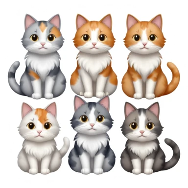 6 realistic looking cats with different natural coloured coats, assorted grey and white, greys, calico, brown and white colours etc
 sticker