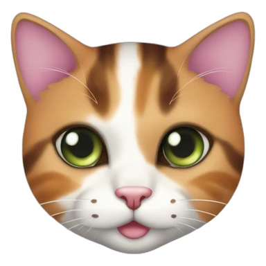 young striped calico cat face with a pink nose, white chin, green eyes, and orange/brown markings sticker
