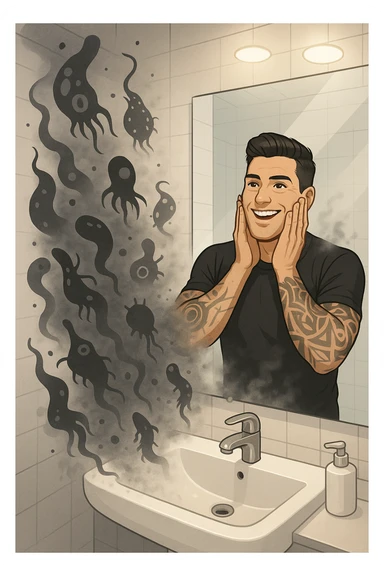 a man stands in a brightly lit bathroom, looking relieved and revitalized as he examines his reflection in the mirror. In the foreground, stylized, shadowy images of parasites (such as worms or protozoa) are shown leaving his body, dissolving into mist or fading away. His posture is upright and his expression is one of newfound energy and health. sticker