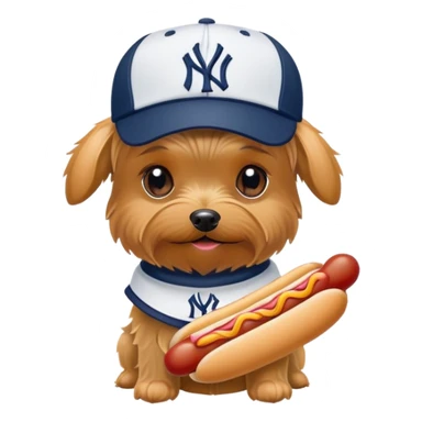 Yorkie with a NYY hat and a hotdog sticker